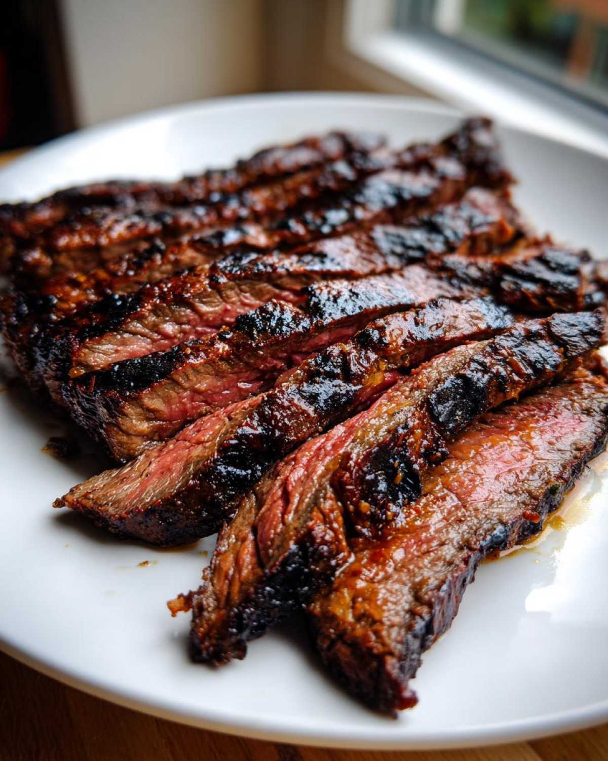 Close-up of perfectly grilled and sliced steak, showing a medium-rare center, prepared with Carne asada marinade.