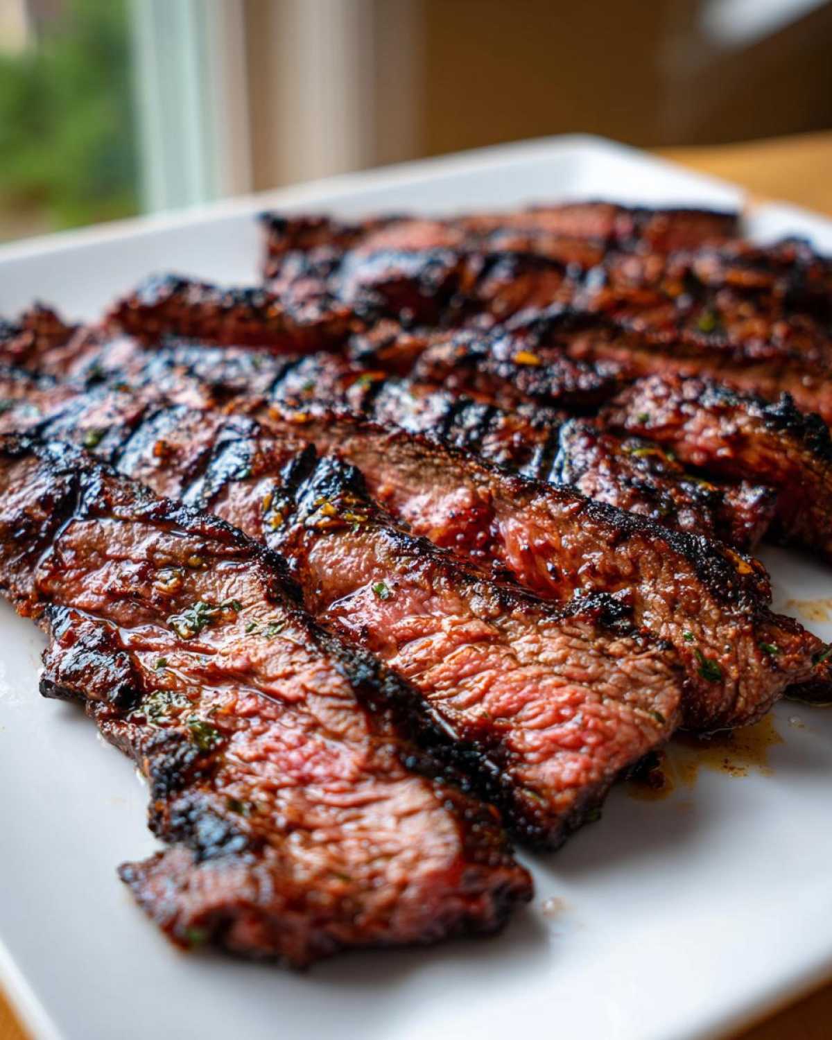 Close-up of juicy, medium-rare sliced steak coated in a rich, dark Carne asada marinade, resting on a white platter.