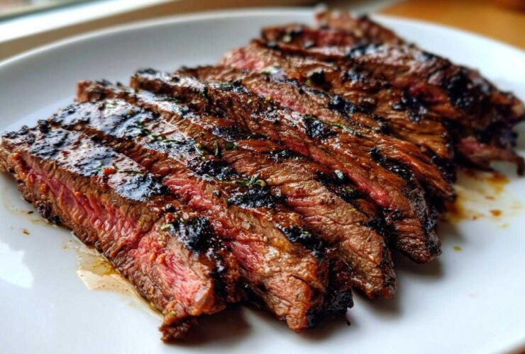 Close-up of perfectly grilled and sliced steak showing a medium-rare interior, seasoned with the Carne asada marinade.