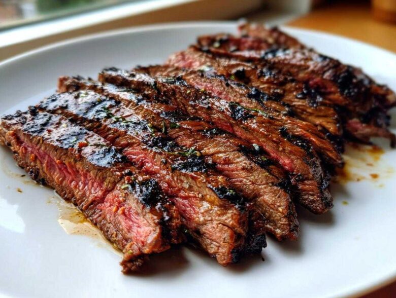 Close-up of perfectly grilled and sliced steak showing a medium-rare interior, seasoned with the Carne asada marinade.