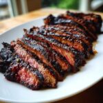 Close-up of perfectly grilled and sliced steak, showing a juicy medium-rare interior, achieved with the carne asada marinade.