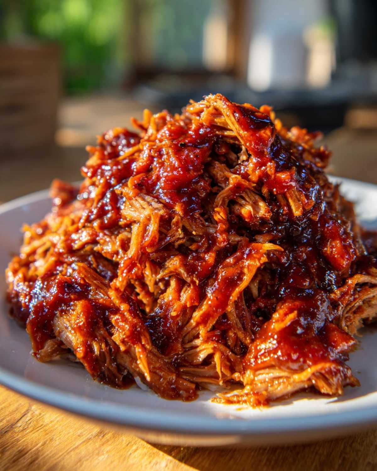 Close-up of shredded, saucy Slow Cooker Pulled Pork piled high on a white plate.