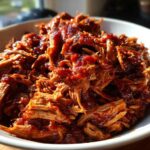 Close-up of tender, shredded Slow Cooker Pulled Pork coated in rich barbecue sauce in a white bowl.