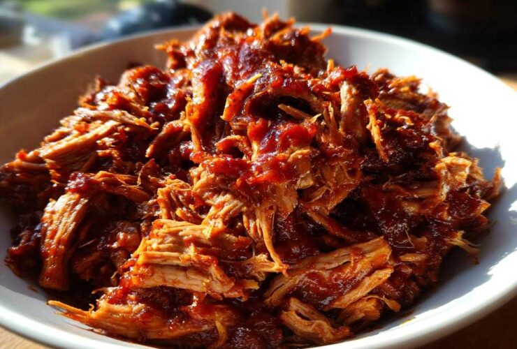 Close-up of tender, shredded Slow Cooker Pulled Pork coated in rich barbecue sauce in a white bowl.