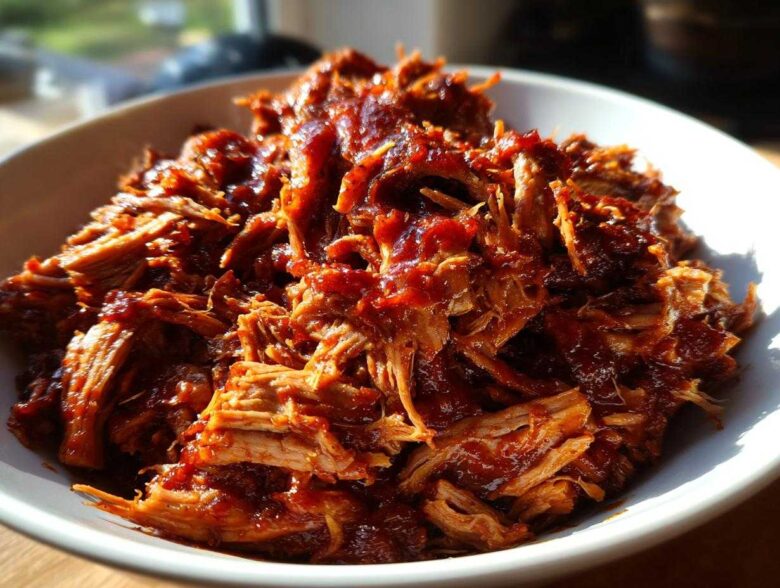 Close-up of tender, shredded Slow Cooker Pulled Pork coated in rich barbecue sauce in a white bowl.