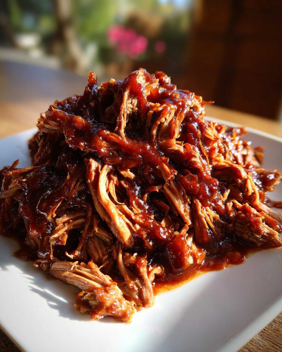 Close-up of tender, shredded Slow Cooker Pulled Pork smothered in rich barbecue sauce on a white plate.