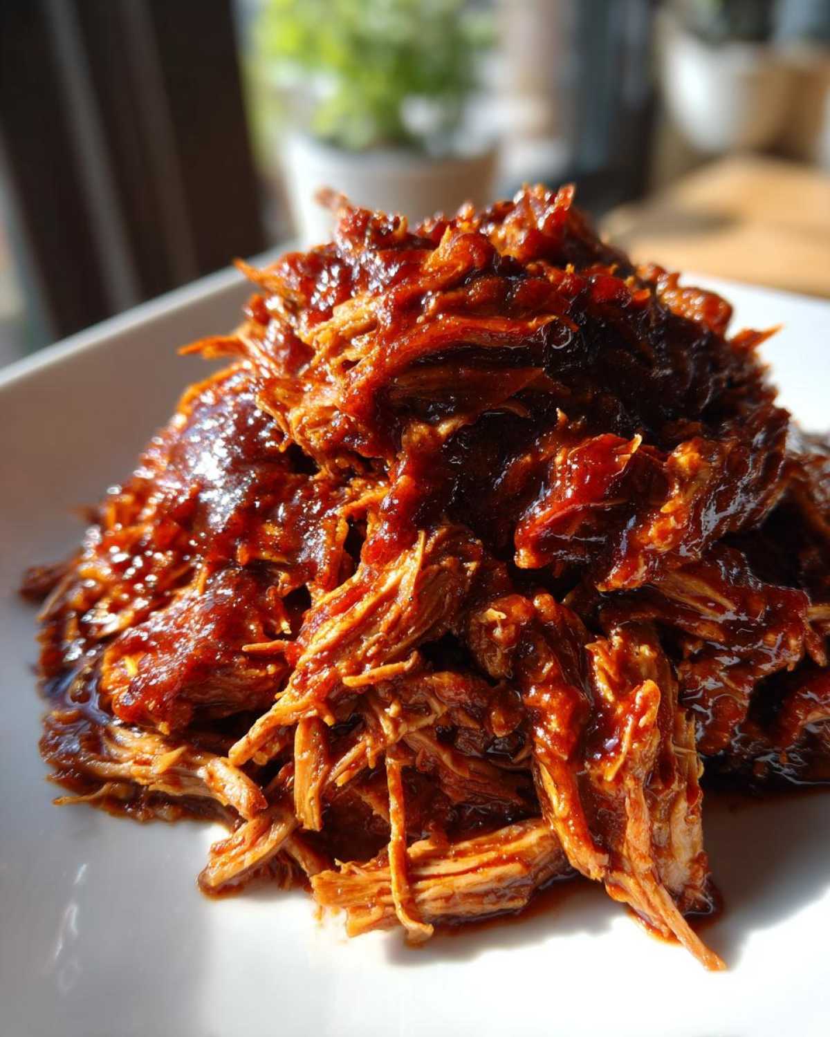 Close-up of a generous pile of saucy, shredded Slow Cooker Pulled Pork glistening under bright light.