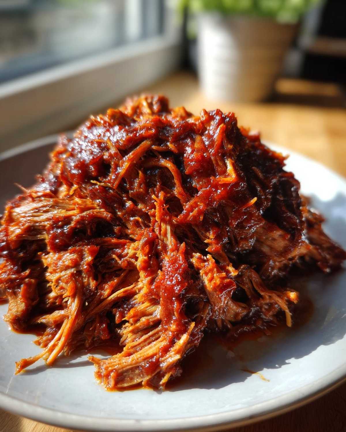 Close-up of tender, shredded Slow Cooker Pulled Pork coated in rich barbecue sauce, served on a light plate.
