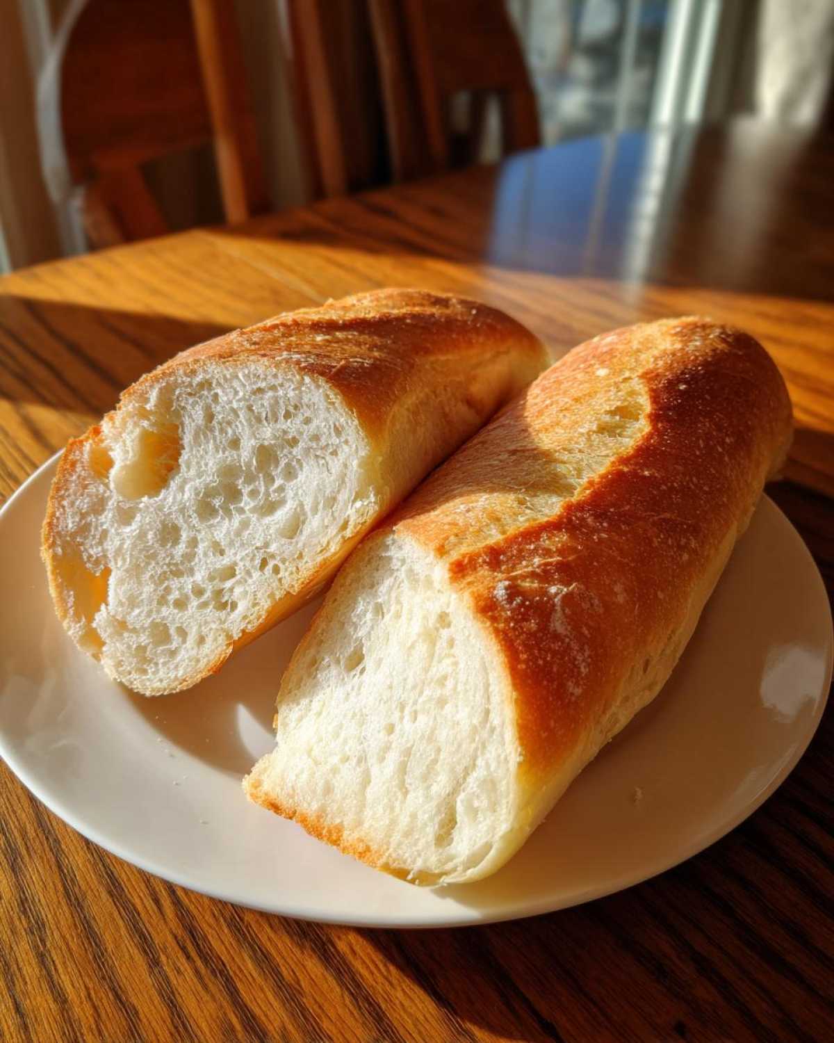 A loaf of soft crusty french bread, sliced lengthwise, resting on a white plate bathed in sunlight.