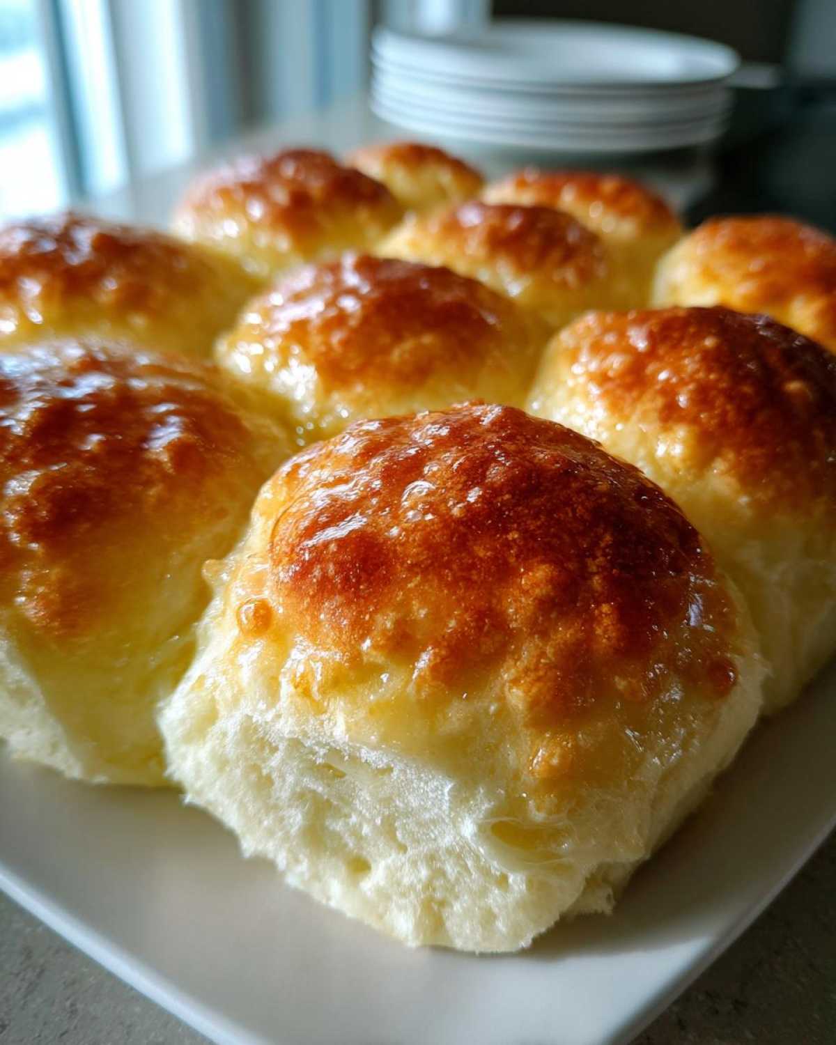 A close-up of freshly baked, soft dinner rolls with a shiny, golden-brown, buttery glaze on top.