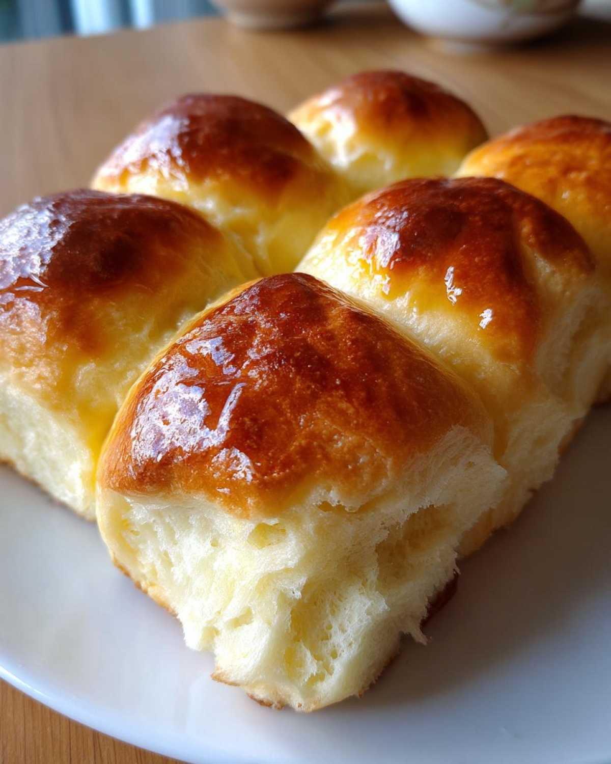 A close-up view of freshly baked, soft dinner rolls with a shiny, golden-brown glaze on top.