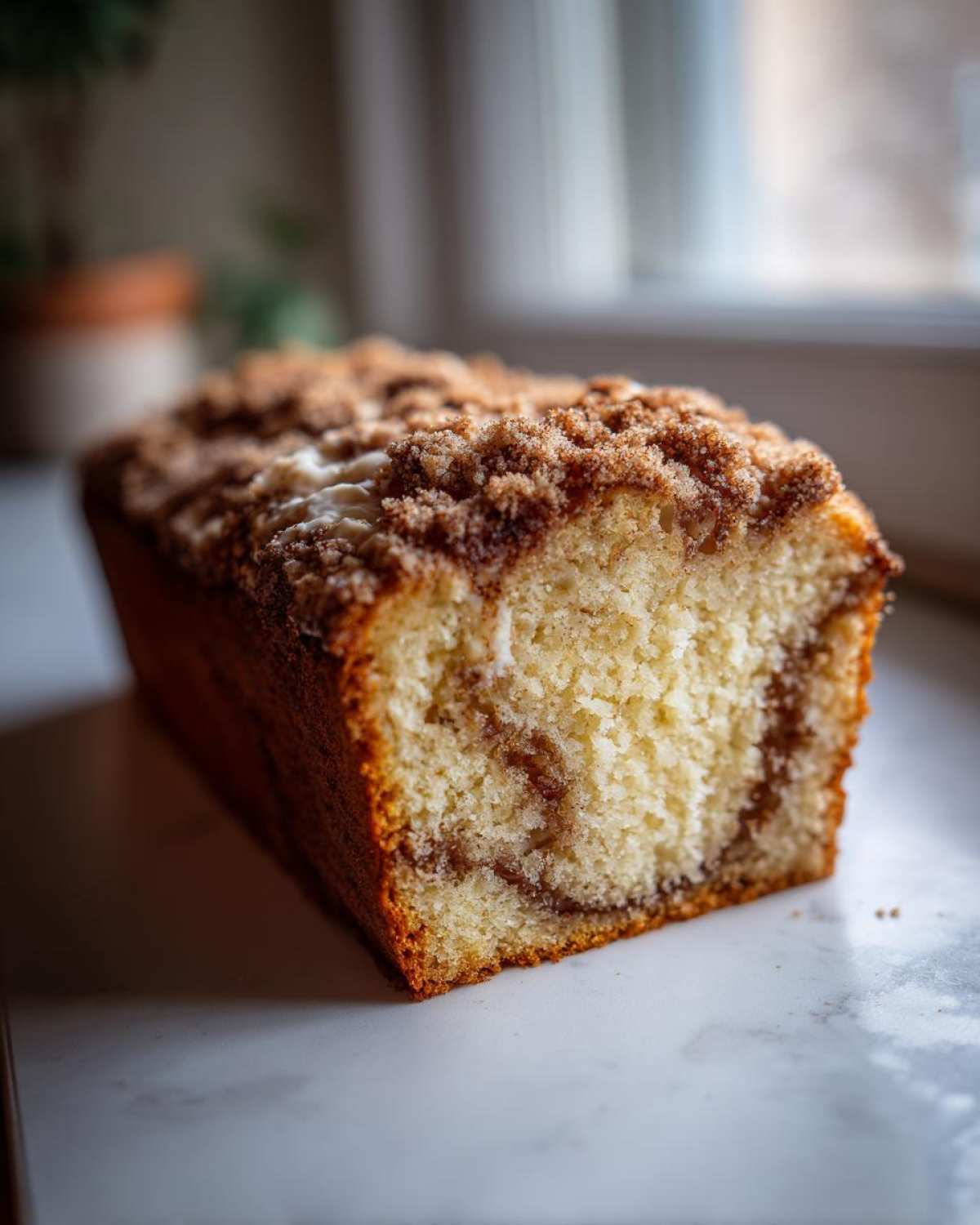 A close-up cross-section view of a freshly baked sour cream coffee cake loaf with a thick cinnamon streusel topping.