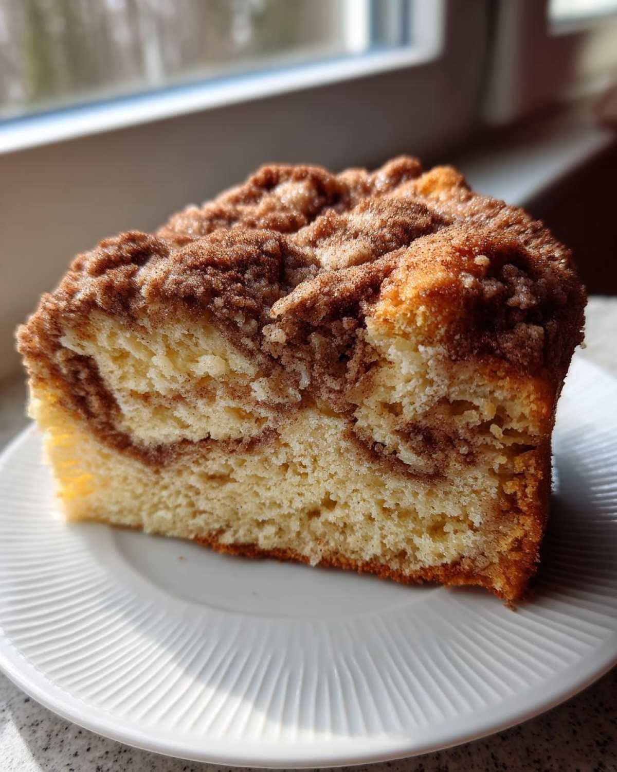 Close-up of a moist slice of sour cream coffee cake featuring a rich cinnamon swirl and crumb topping.