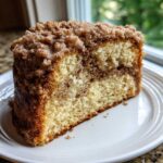 A close-up of a moist slice of sour cream coffee cake featuring a thick cinnamon swirl and crumb topping.