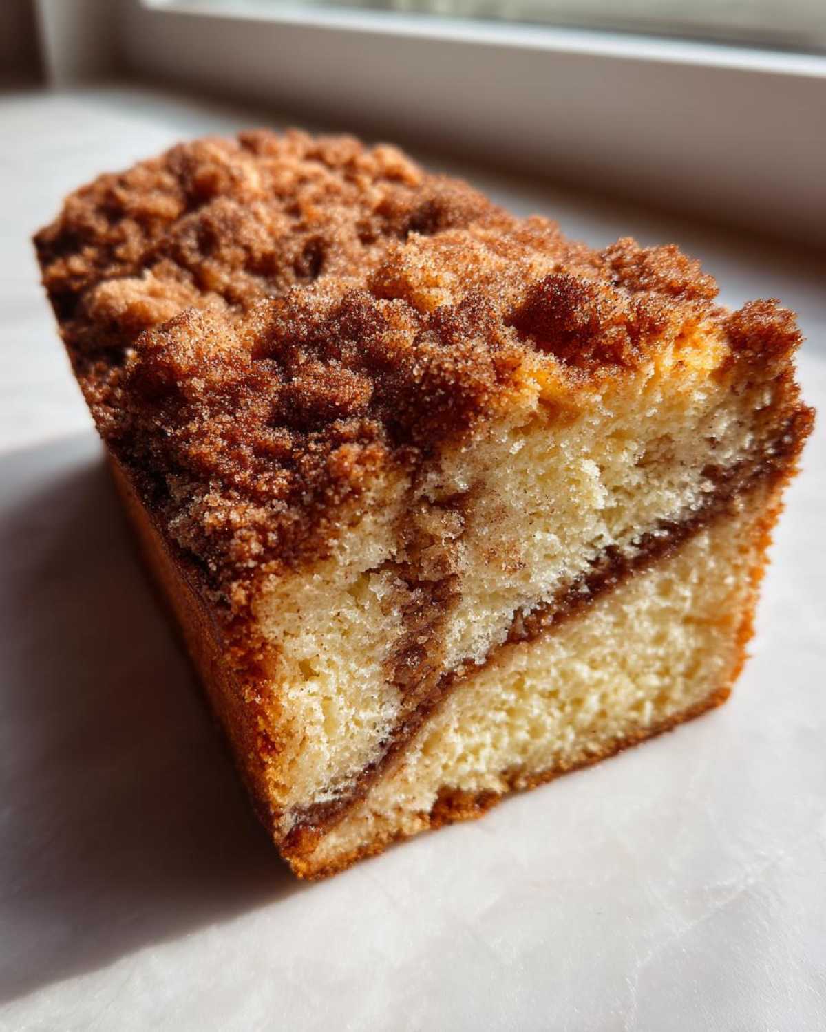 Close-up of a slice of sour cream coffee cake showing moist crumb and thick cinnamon streusel topping.