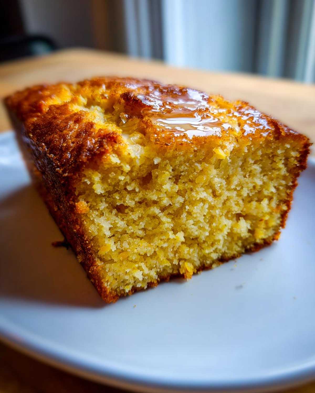 Close-up of a thick slice of golden sourdough cornbread drizzled with honey on a white plate.