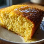 Close-up of a golden slice of sourdough cornbread drizzled with honey on a light plate.