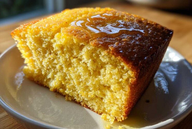 Close-up of a golden slice of sourdough cornbread drizzled with honey on a light plate.