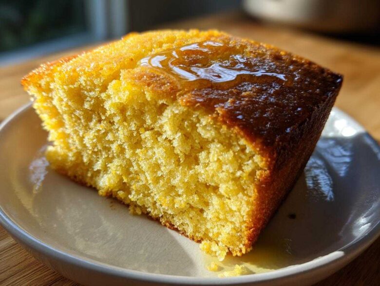Close-up of a golden slice of sourdough cornbread drizzled with honey on a light plate.