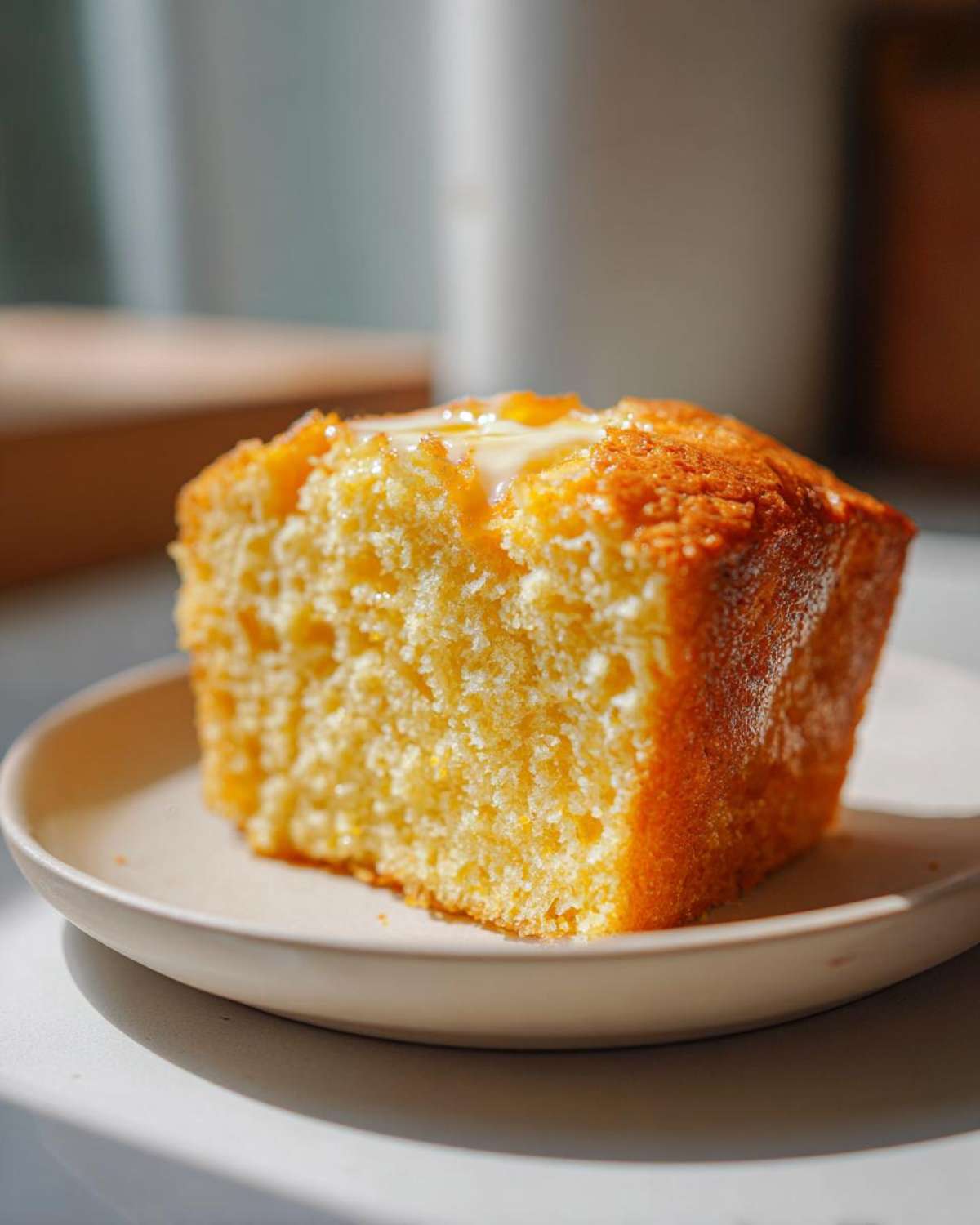 Close-up of a golden slice of sourdough cornbread topped with melting butter on a small plate.
