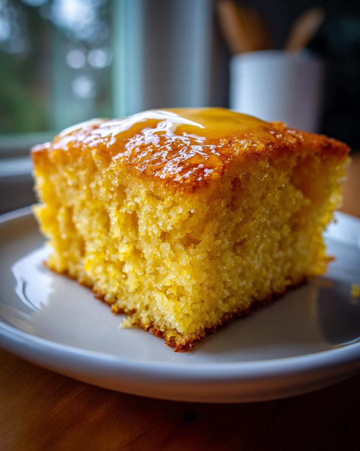 A close-up of a square slice of golden sourdough cornbread drizzled with honey on a white plate.