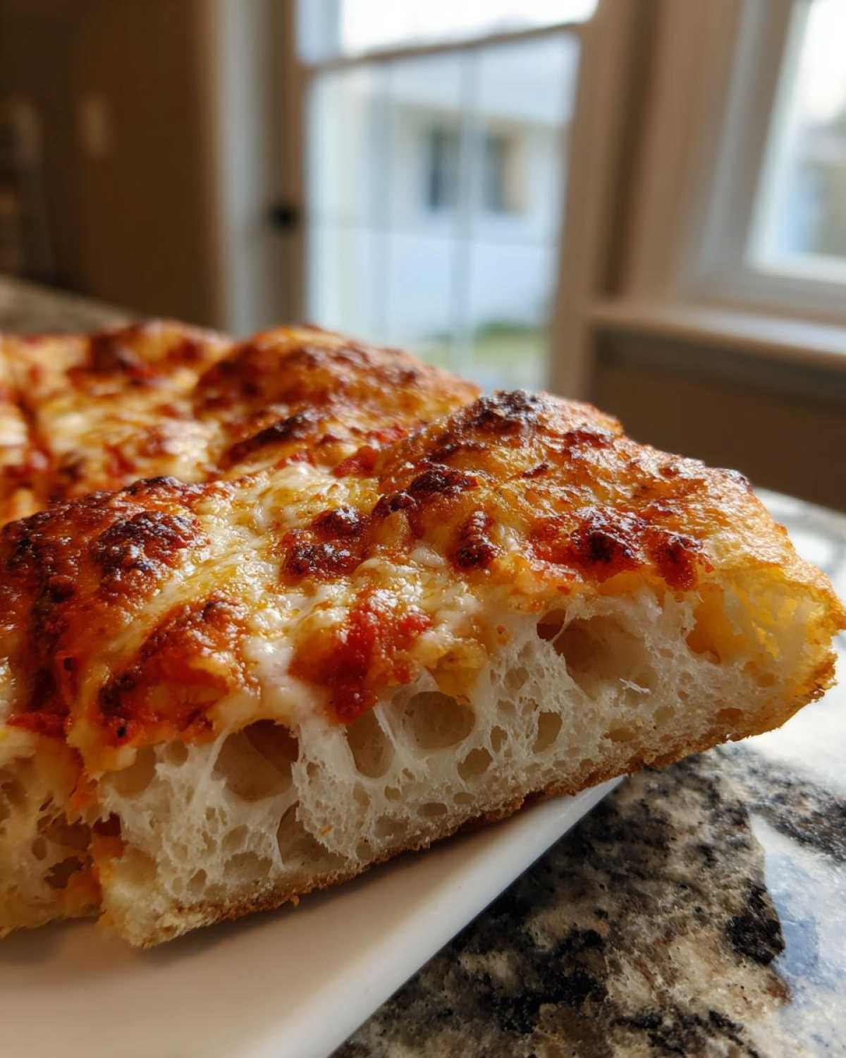 Close-up of a slice of pizza showing the airy, open crumb structure of the sourdough discard pizza dough.