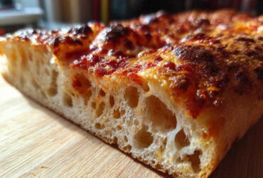 Close-up cross-section showing the airy, open crumb structure of sourdough discard pizza dough.
