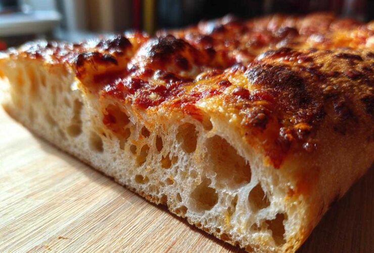Close-up cross-section showing the airy, open crumb structure of sourdough discard pizza dough.