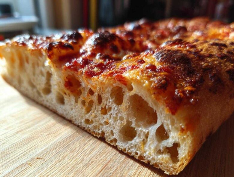 Close-up cross-section showing the airy, open crumb structure of sourdough discard pizza dough.