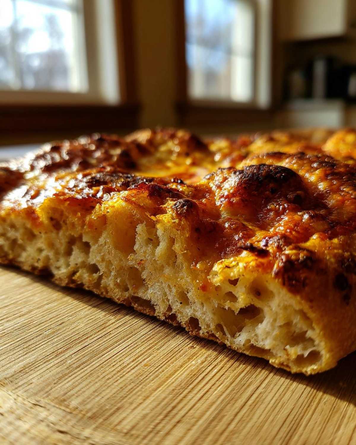 Close-up cross-section showing the airy crumb structure of baked sourdough discard pizza dough.
