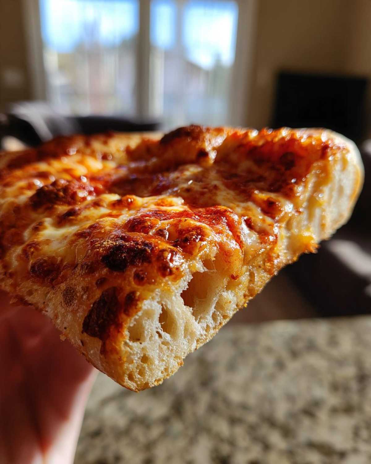 Close-up of a slice of pizza showing the airy, chewy crust made from sourdough discard pizza dough.