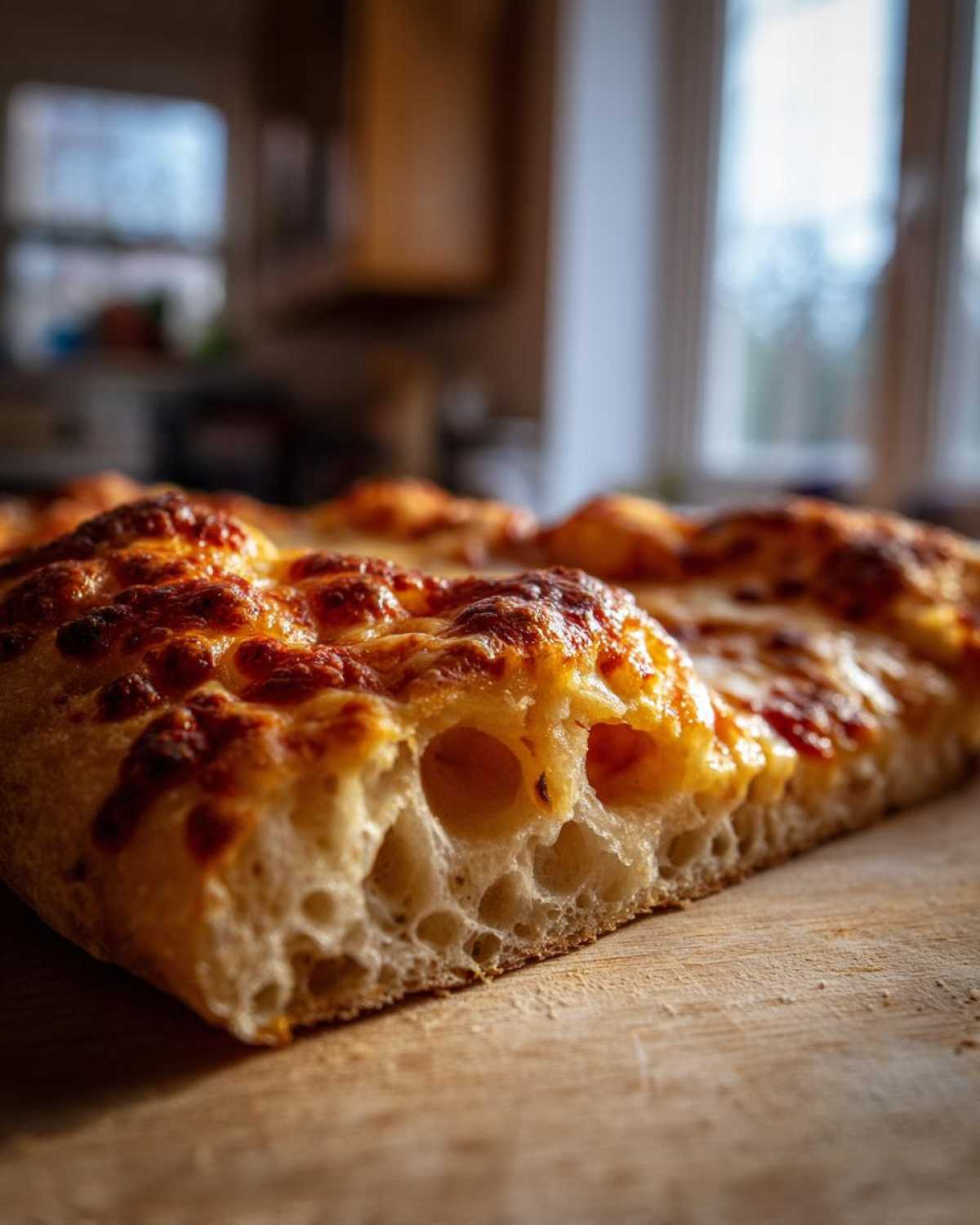 Close-up cross-section showing the airy crumb structure of sourdough discard pizza dough with melted cheese.