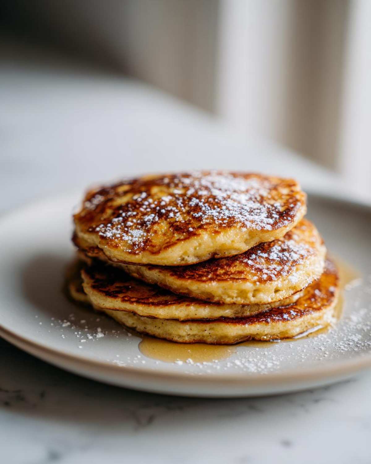A stack of four golden brown almond flour pancakes dusted with powdered sugar and drizzled with syrup.