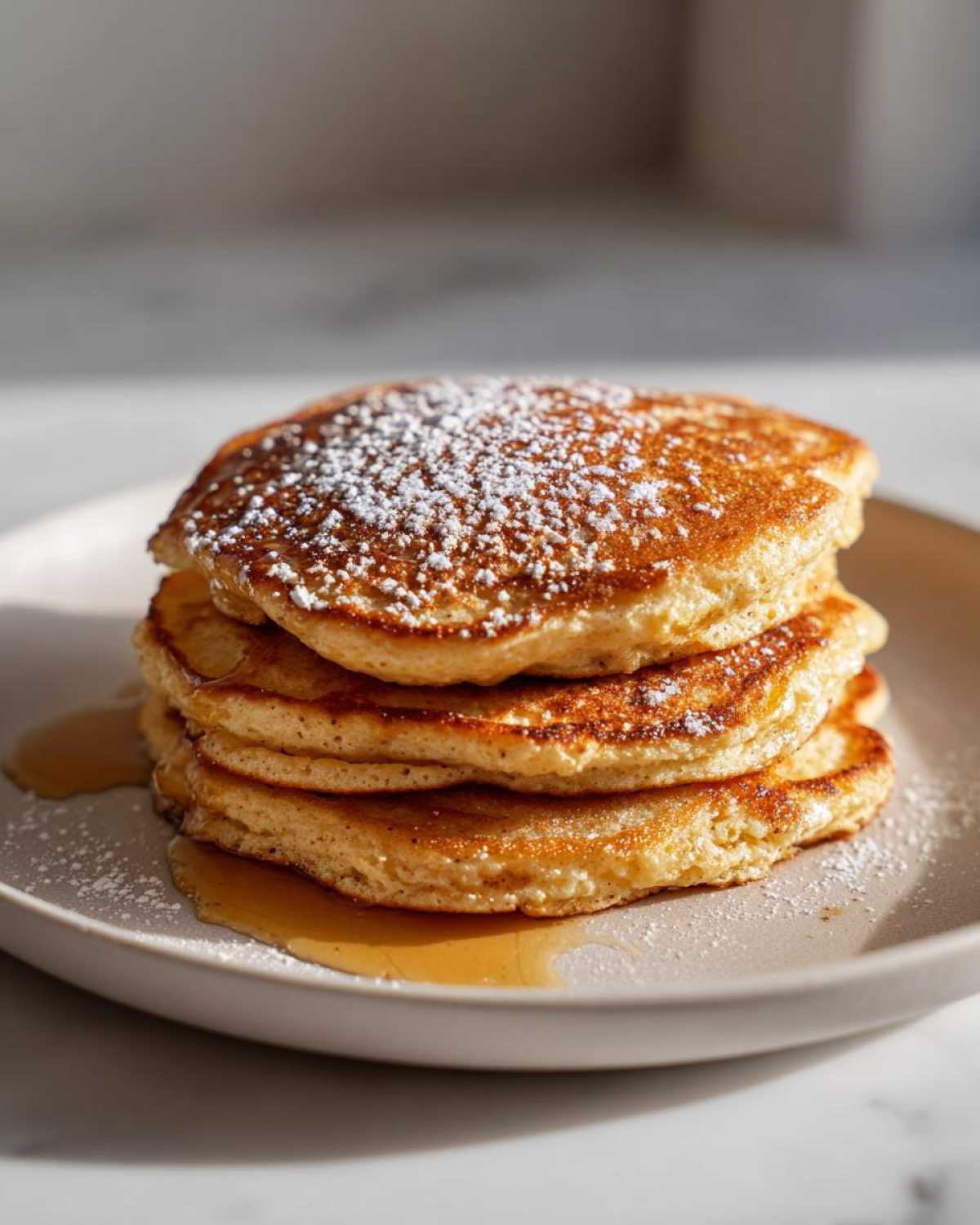 A stack of four golden brown almond flour pancakes dusted with powdered sugar and drizzled with syrup.