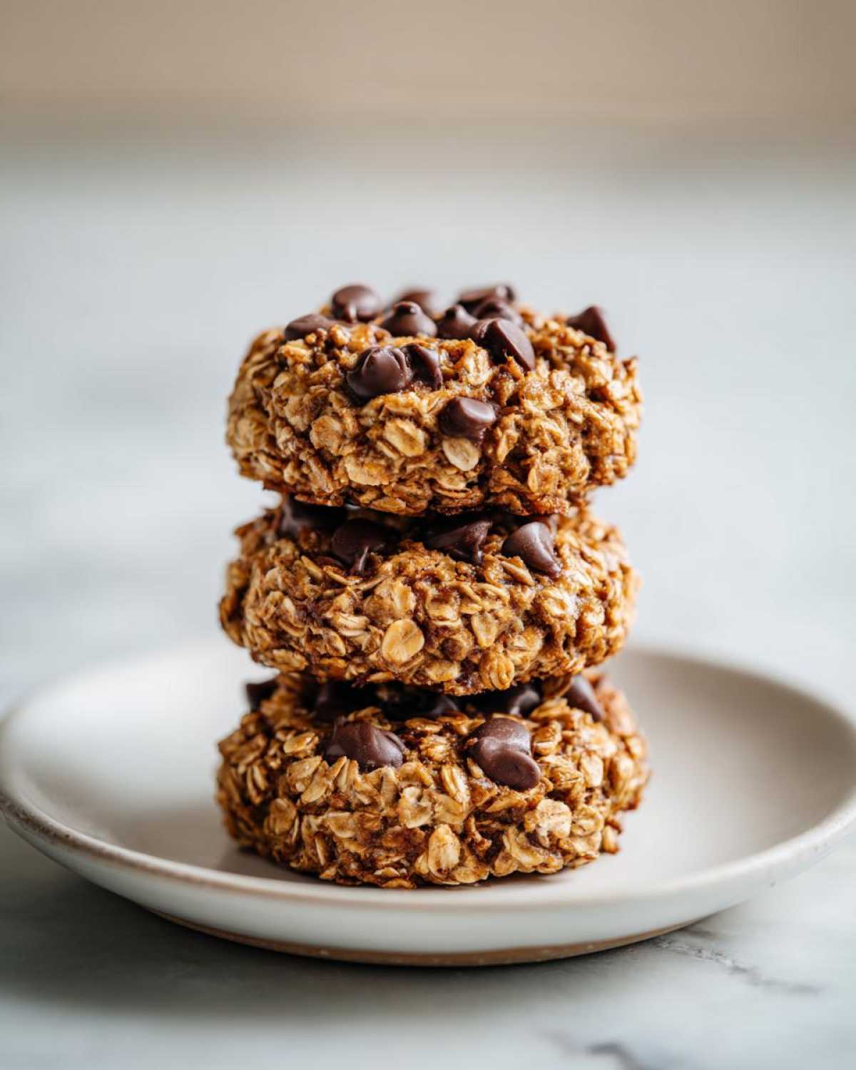 A stack of three homemade breakfast cookie treats loaded with visible oats and chocolate chips.