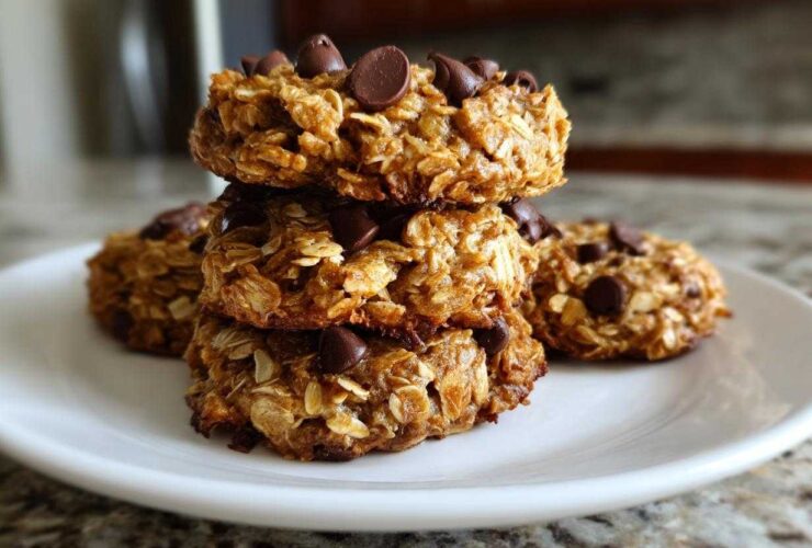A stack of four homemade, chewy breakfast cookie oat bites topped with chocolate chips on a white plate.