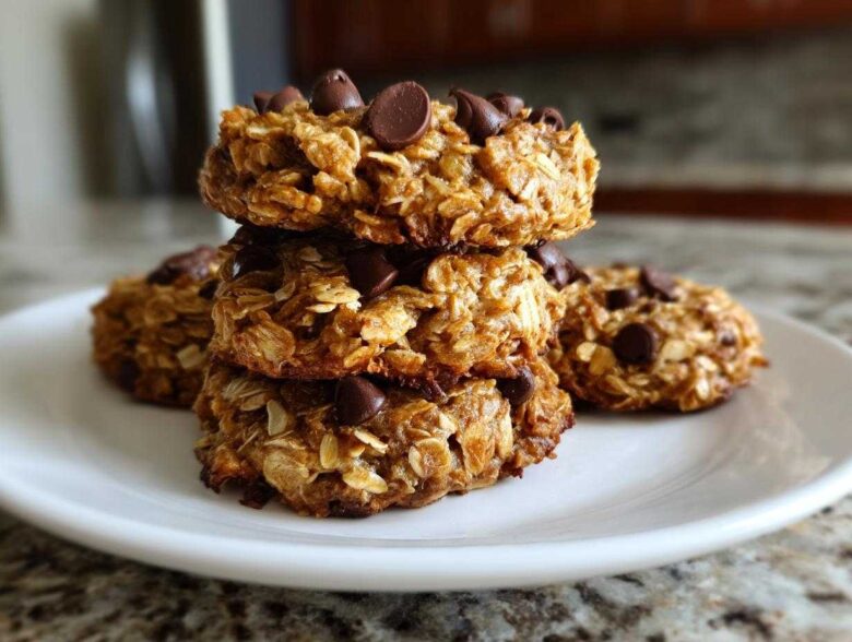 A stack of four homemade, chewy breakfast cookie oat bites topped with chocolate chips on a white plate.