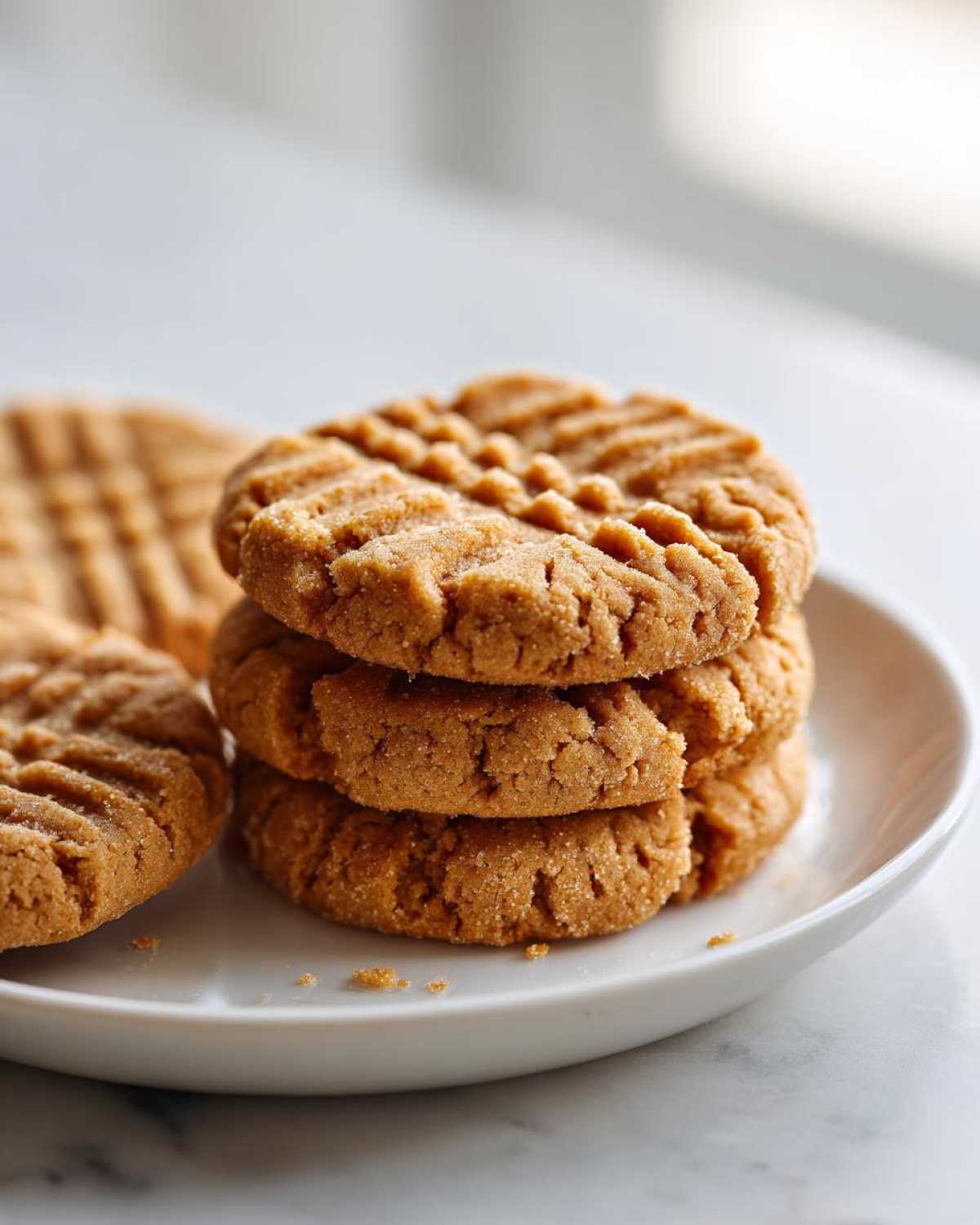 A stack of four classic peanut butter cookies showing the traditional crisscross fork marks, resting on a white plate.