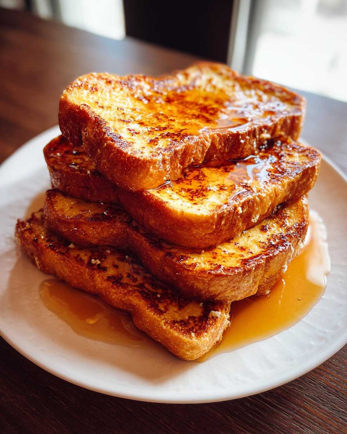 A tall stack of golden brown easy french toast slices generously drizzled with maple syrup on a white plate.