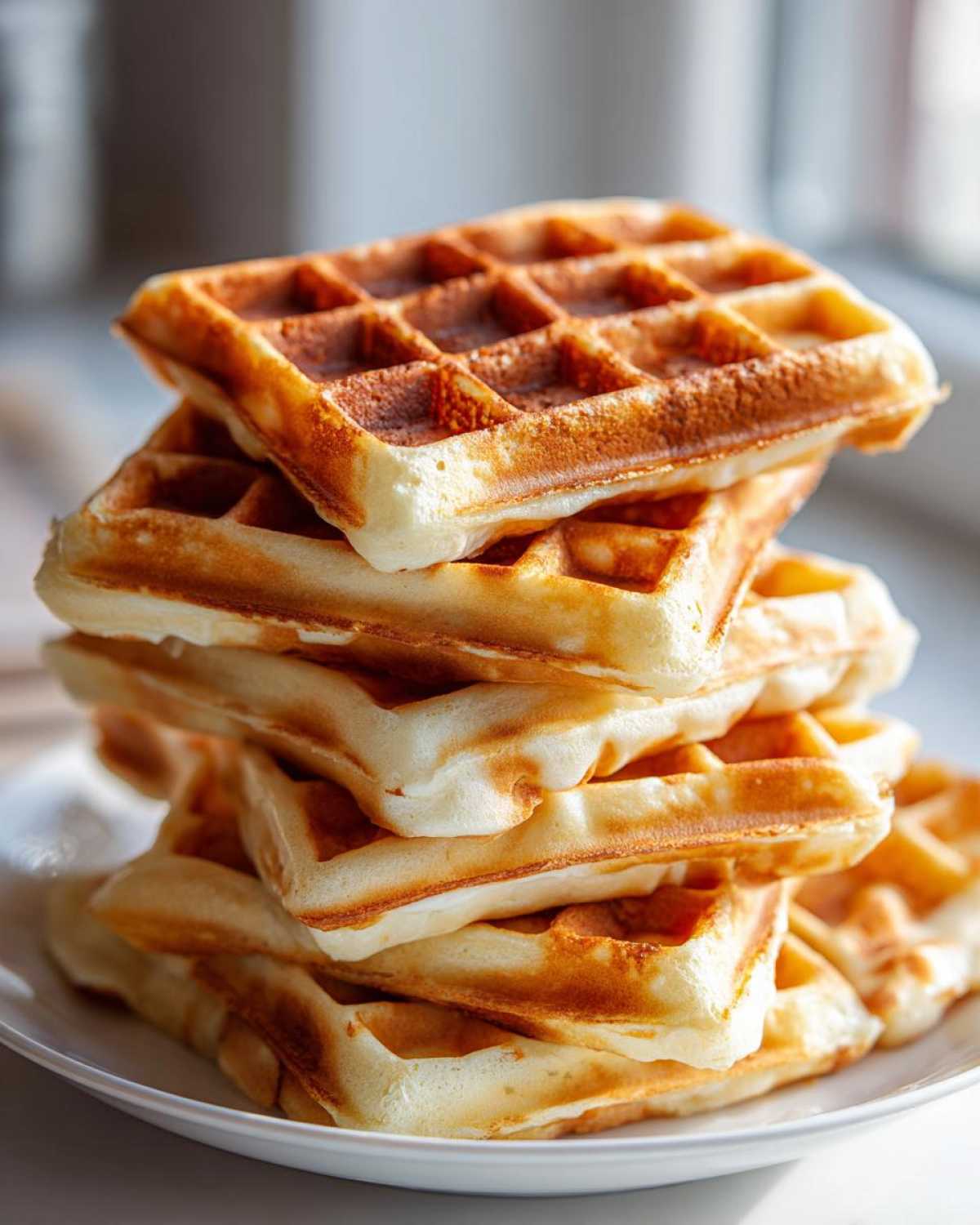 A tall stack of golden brown, fluffy high protein waffles piled on a white plate.