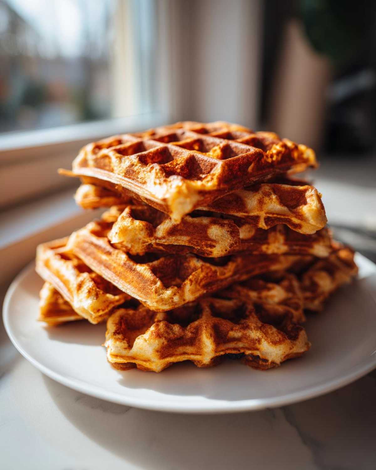 A tall stack of golden brown high protein waffles resting on a white plate near a bright window.