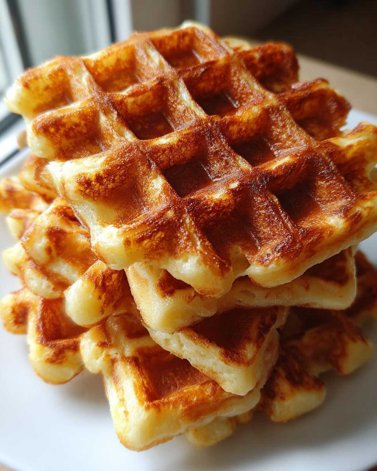 Close-up of a stack of golden brown, fluffy high protein waffles served on a white plate.