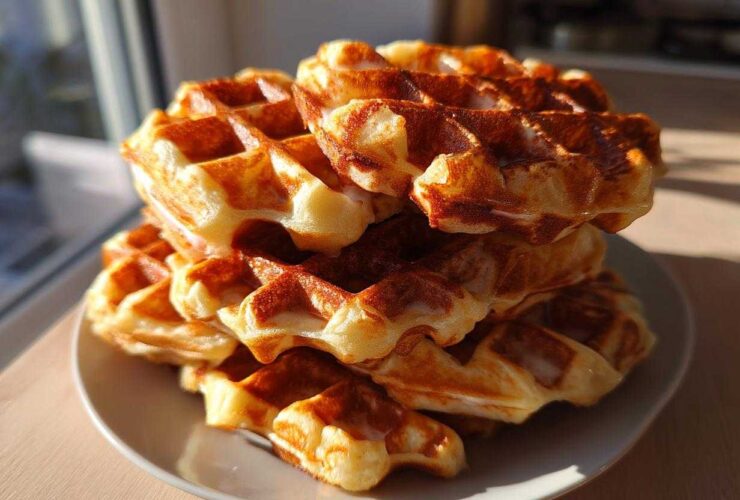 A tall stack of golden brown, freshly made high protein waffles piled on a small white plate near a window.