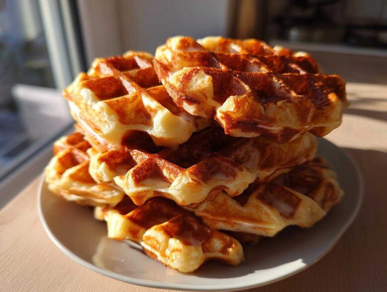 A tall stack of golden brown, freshly made high protein waffles piled on a small white plate near a window.