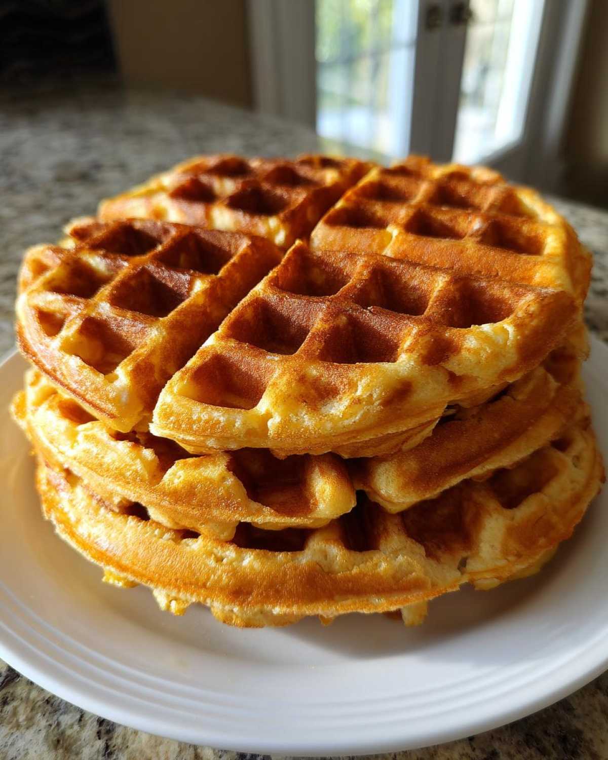 A stack of three golden brown, fluffy high protein waffles resting on a white plate.