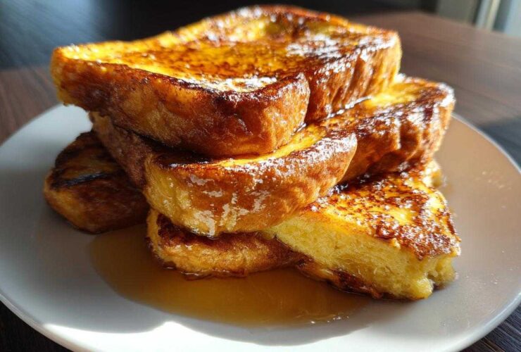 A tall stack of golden brown easy french toast slices drizzled with syrup on a white plate.