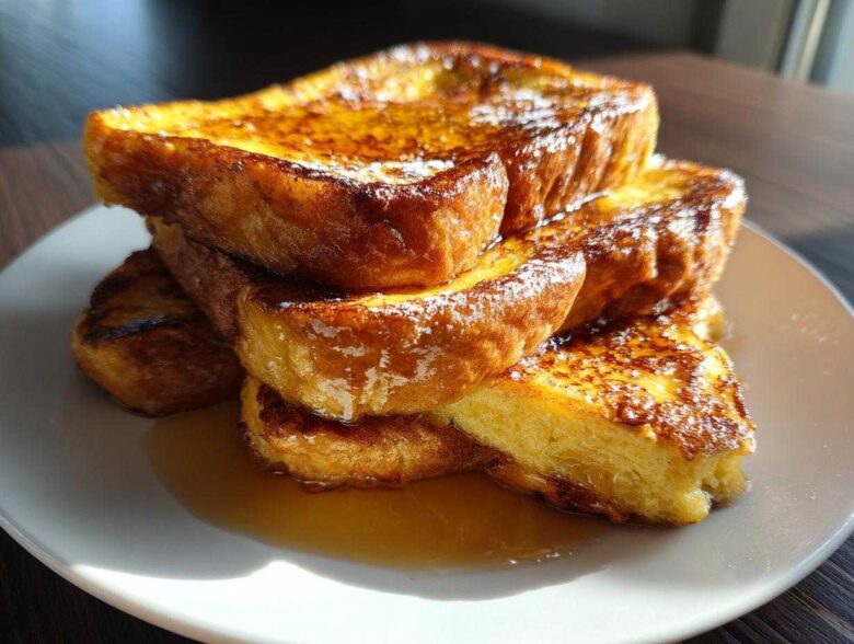 A tall stack of golden brown easy french toast slices drizzled with syrup on a white plate.