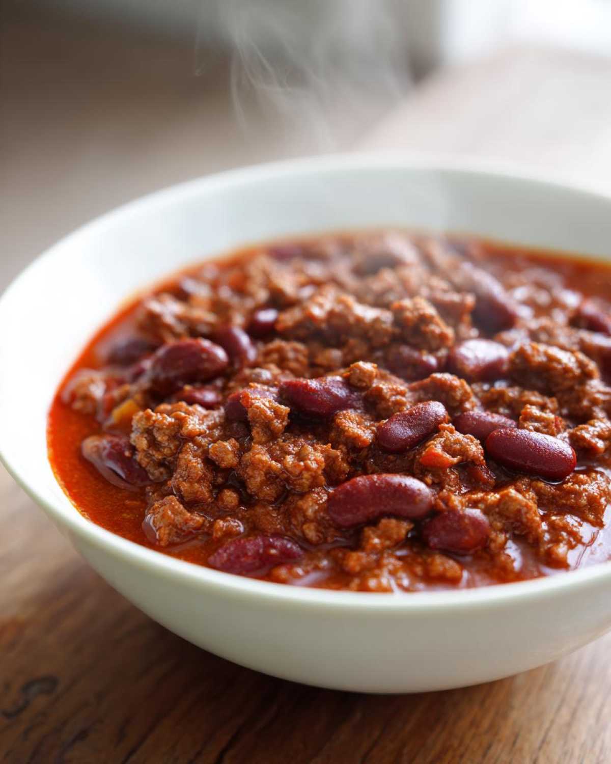 Close-up of a steaming white bowl filled with rich, meaty chili and kidney beans, showcasing the best chili recipe.