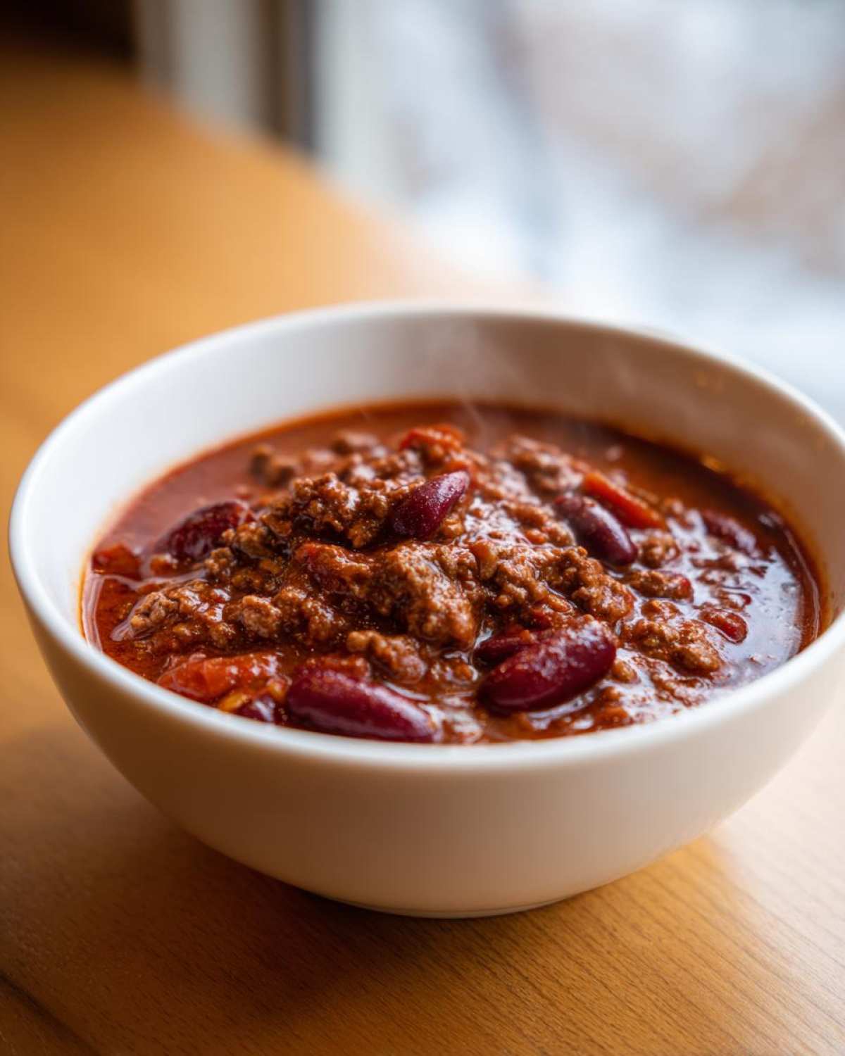 Close-up of a steaming white bowl filled with rich, meaty chili featuring kidney beans, part of the best chili recipe.