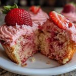 Close-up of a strawberry cupcake cut in half showing the moist interior and pink frosting, topped with a fresh strawberry.